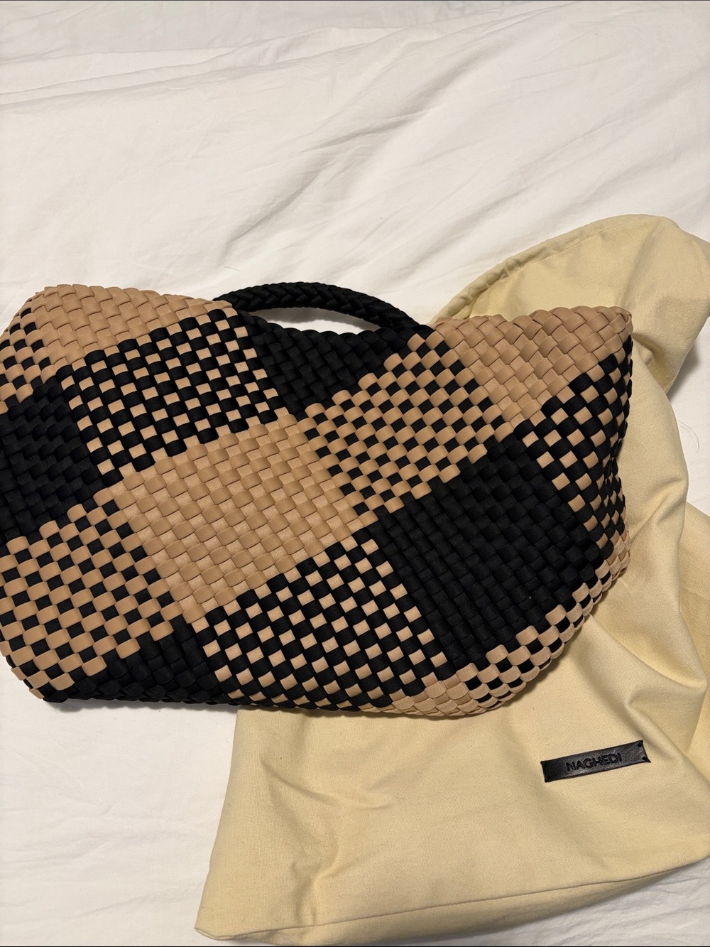 Naghedi Woven Check Tote Bag in Black and Tan